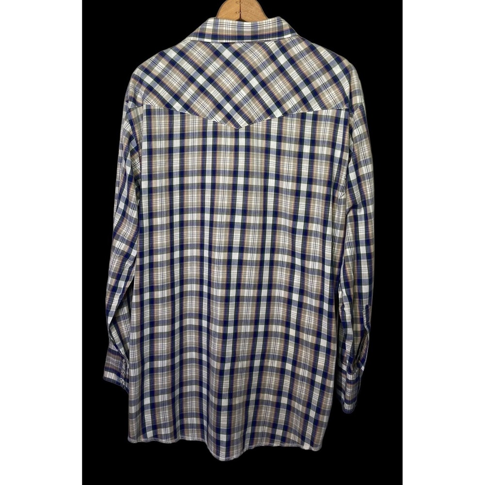 Wrangler Single Needle Mens Blue Plaid Pearl Snap Long Tail‎ Size XL - Picture 6 of 13